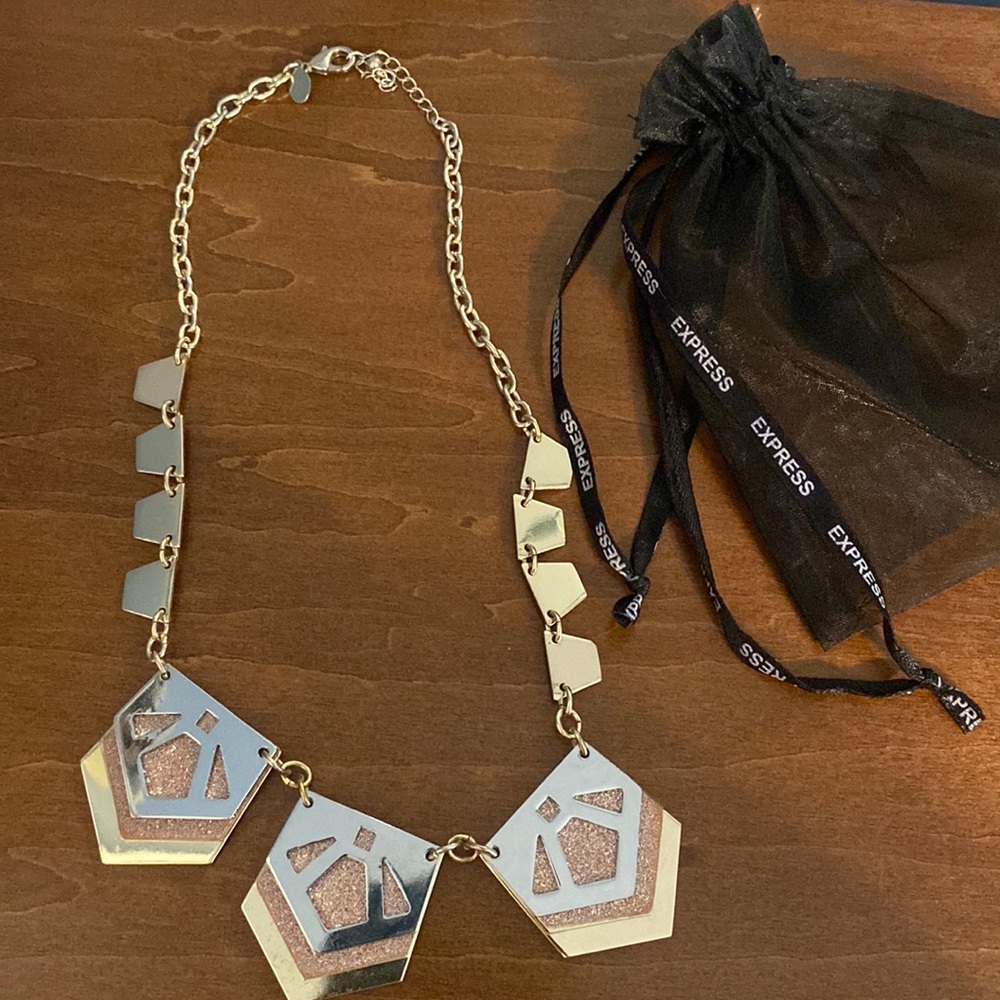 Express necklace with gold, silver, & rose gold glitter.